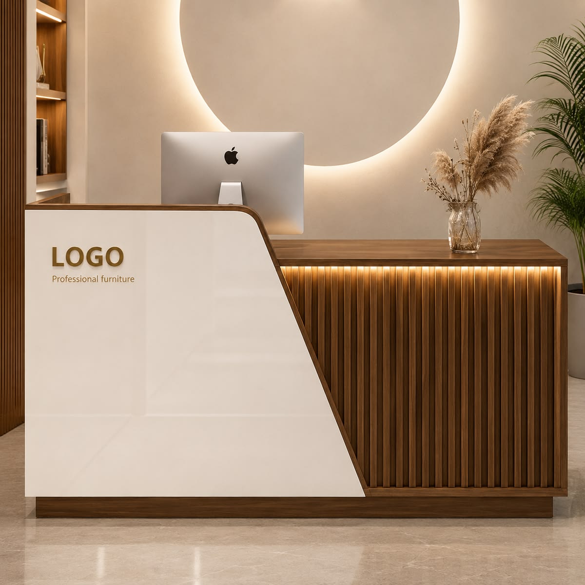 High-Impact Reception Desk with Acoustic Wood Slats & Planter Borders #18